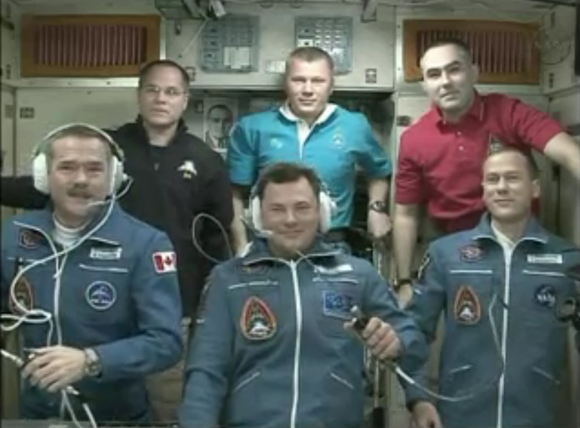 Chris Hadfield and his crewmates at the International Space Station