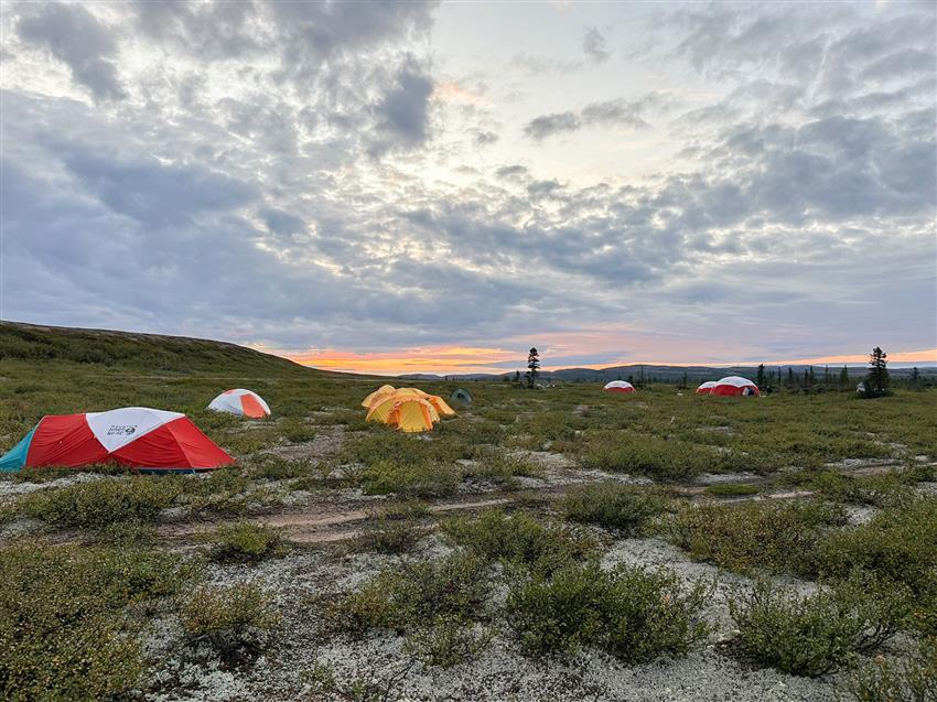 Plusieurs tentes de camping ici et là dans la toundra  au soleil couchant.