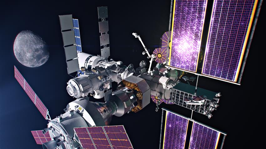 Vue d'artiste d'une station spatiale et d'un bras robotisé, avec la Lune en arrière-plan.