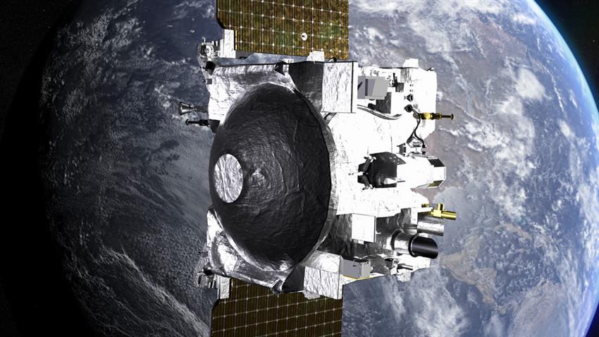 Artist's concept of the OSIRIS-APEX spacecraft in space, with Earth in the background.