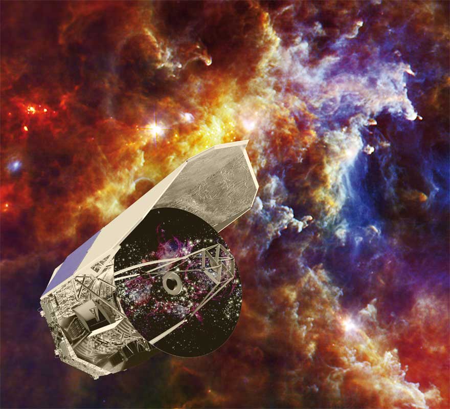 illustration of the Herschel Space Observatory and the Rosette Nebula