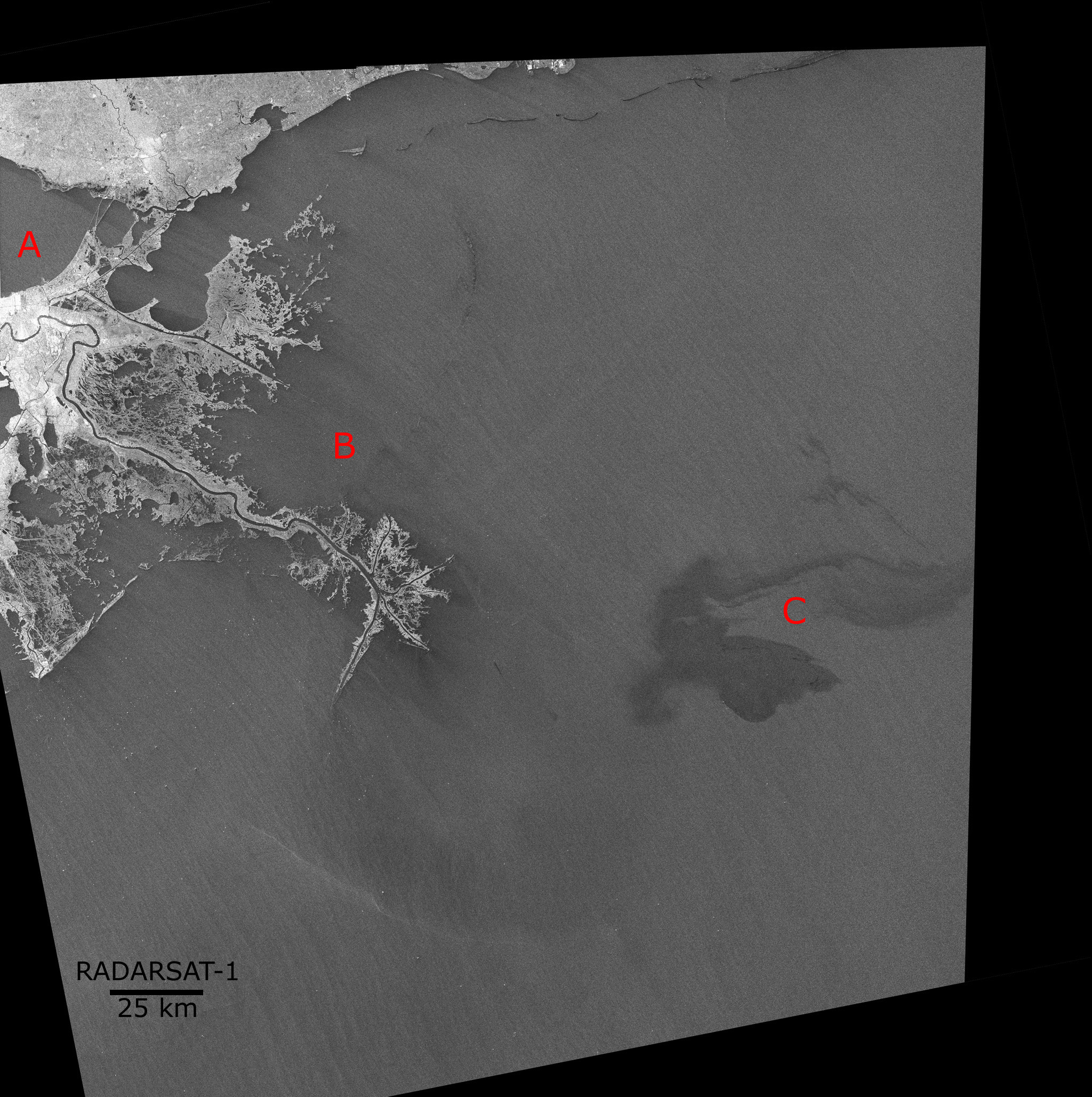 Carte représentant le déversement d'hydrocarbures dans le golfe du Mexique - Image acquise par RADARSAT-1 en mode ScanSAR le 26 avril 2010.