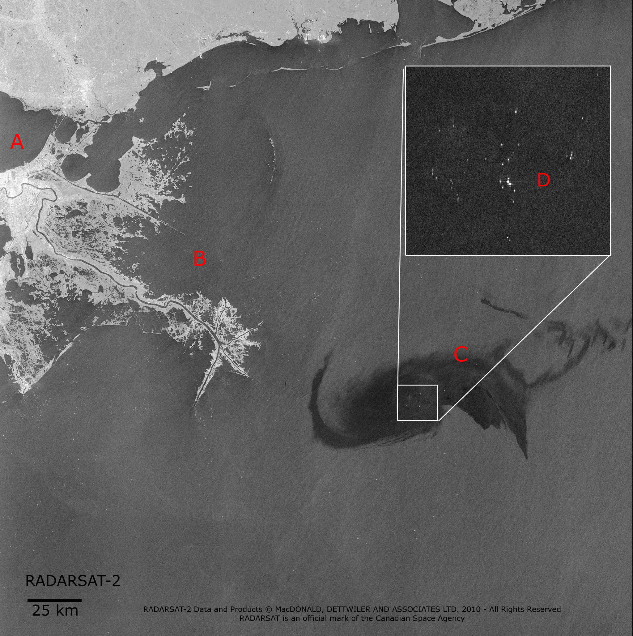 Carte représentant le déversement d'hydrocarbures dans le golfe du Mexique - Image acquise par RADARSAT-2 en mode ScanSAR le 28 avril 2010.