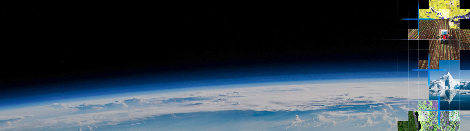 Earth's horizon from space with its thin blue atmosphere, alongside a mosaic showing land, ice, and satellite imagery.