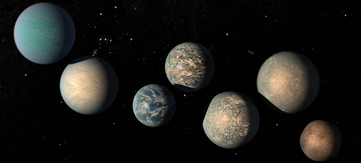 Vue d'artiste de les sept exoplanètes de l'étoile TRAPPIST-1