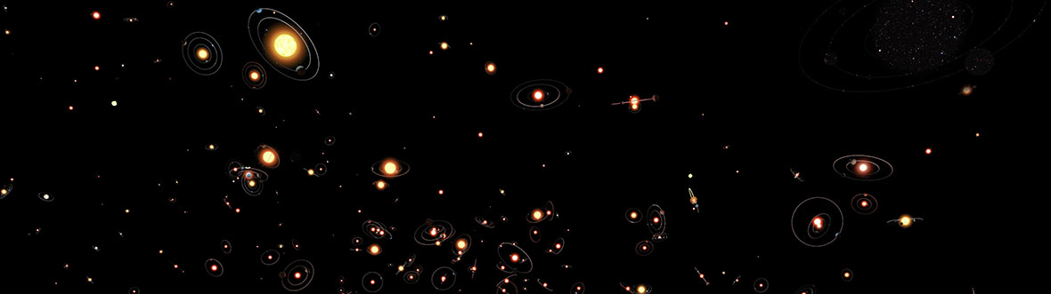 Vue d'artiste de plusieurs étoiles avec des exoplanètes en orbite