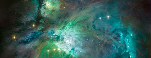 Digital composition with the Orion nebula on a starry background