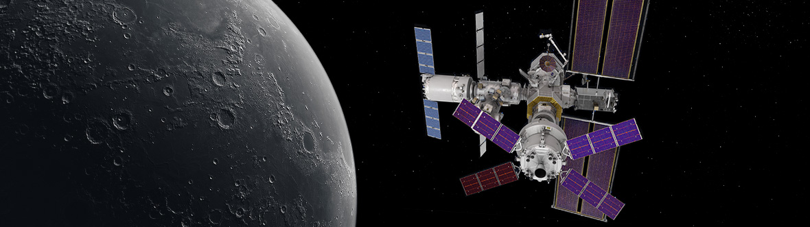 An artist's concept of the Lunar Gateway where Canadarm3 is visible