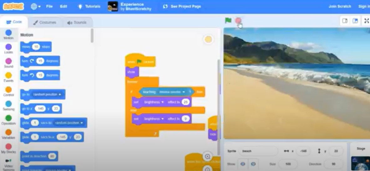 Screen capture of a prototype coded in Scratch by the winner where we see coloured lines of codes and an image of waves crashing on a sandy beach.
