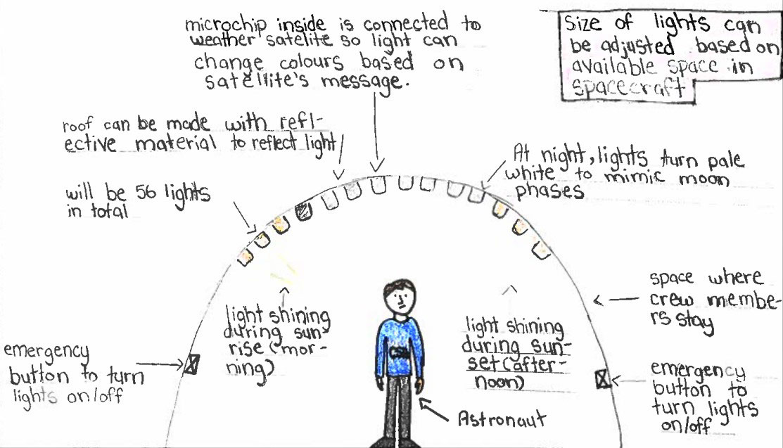 Labelled drawing of an astronaut surrounded by different kinds of lights.
