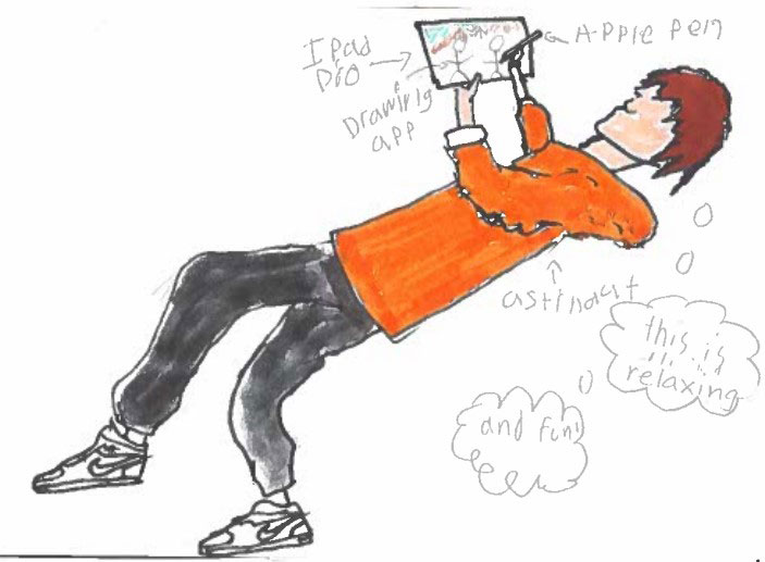 Drawing of a brown-haired astronaut wearing an orange shirt and black pants floating and drawing on a tablet.