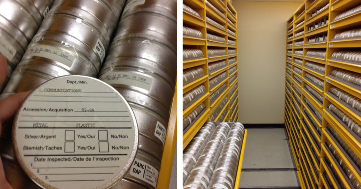 On the leftI is a metal canister. On the right are many rows of metal canisters on shelves in a storage facility.