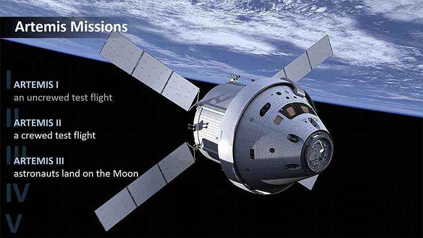 Artist's concept of the Orion spacecraft with four solar panels flying in space, with part of Earth seen at the top of the image