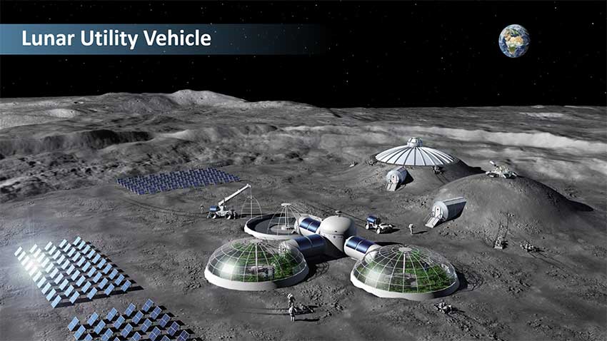 Artist's concept of the Orion spacecraft with four solar panels flying over the Moon, with Earth seen in the distance