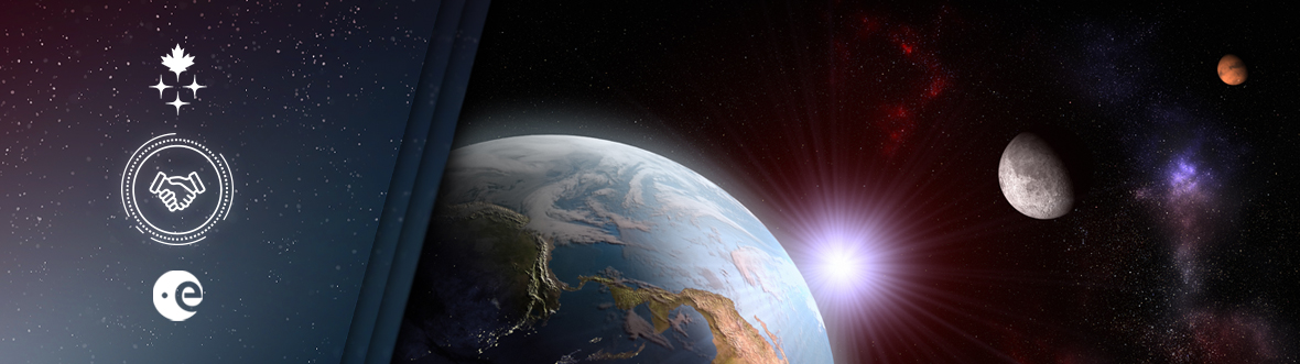 Banner representing the CSA's partnership with ESA, with the Earth, Moon, and Mars represented.