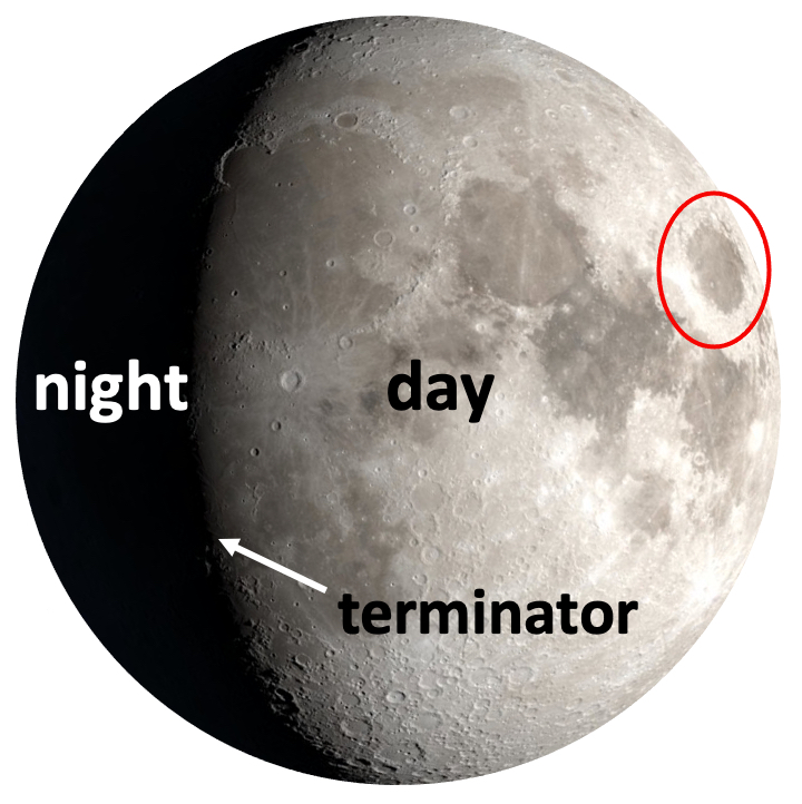 Gibbous moon with visible terminator line that separates the day and night sides