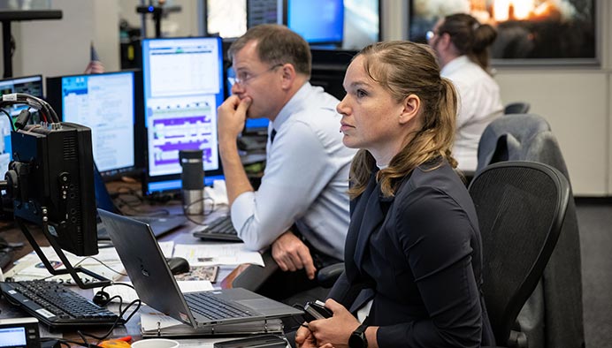Canadian Space Agency astronaut Jenni Gibbons at NASA's Mission Control Center