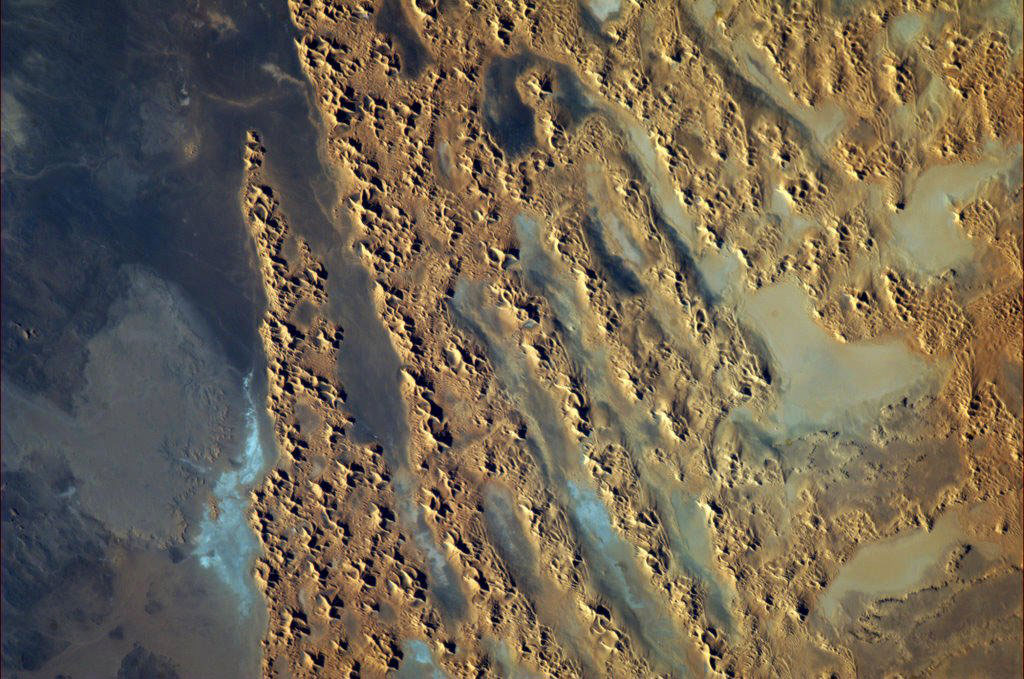 Le sable du Sahara ressemble à la peau d'une autruche dans cette photo prise par l'astronaute de l'Agence spatiale canadienne à la retraite Chris Hadfield depuis la Station spatiale internationale en 2013. (Source : Agence spatiale canadienne/Chris Hadfield.)