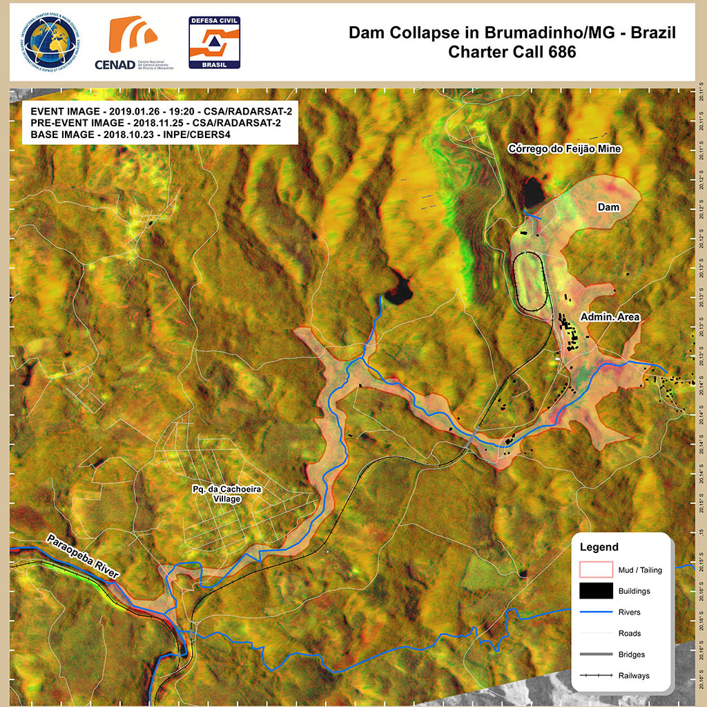 Le 25 janvier, une digue d'une mine de fer a cédé peu après midi à Brumadinho, dans le sud-est du Brésil. La coulée de boue a d'abord enseveli la cafétéria de la mine où les travailleurs dinaient et submergé ensuite les maisons et les routes d'une localité avoisinante. Des images de plusieurs satellites, dont le satellite canadien RADARSAT-2, ont été combinées pour créer cette carte qui a servi à aider les premiers répondants sur le terrain. (Source : carte produite par CENAD (en anglais seulement); CBERS-4 © INPE 2019; Données et produits de RADARSAT-2 © Maxar Technologies Ltd. (2019) – Tous droits réservés. RADARSAT est une marque officielle de l'Agence spatiale canadienne.)