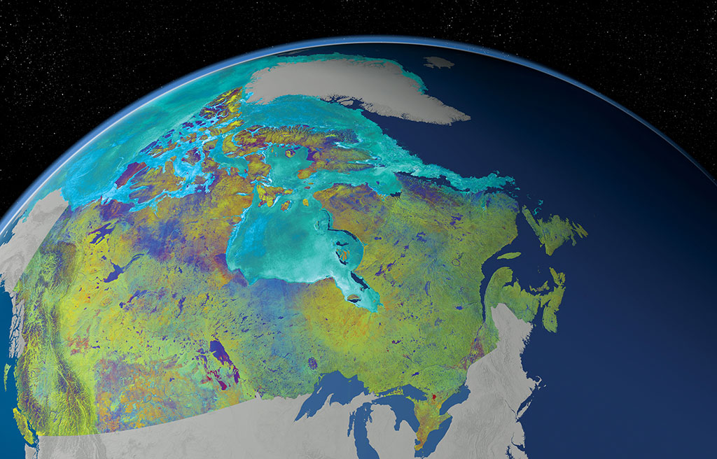 Cette mosaïque du Canada, dans laquelle on voit les trois océans qui bordent notre pays, a été produite à l'aide de 121 images prises par le satellite canadien RADARSAT-2. Ces images ont été acquises du 1er mai 2013 au 1er juin 2013. Les différentes couleurs représentent les variations du sol au niveau de sa texture, sa rugosité et son taux d'humidité. (Source : RADARSAT-2 Données et Produits © MacDonald, Dettwiler and Associates Ltd., 2014. En collaboration avec le Centre canadien des glaces. Tous droits réservés. RADARSAT est une marque officielle de l'Agence spatiale canadienne.)