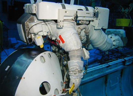 Larger image of Dave Williams replacing the Control Moment Gyro.