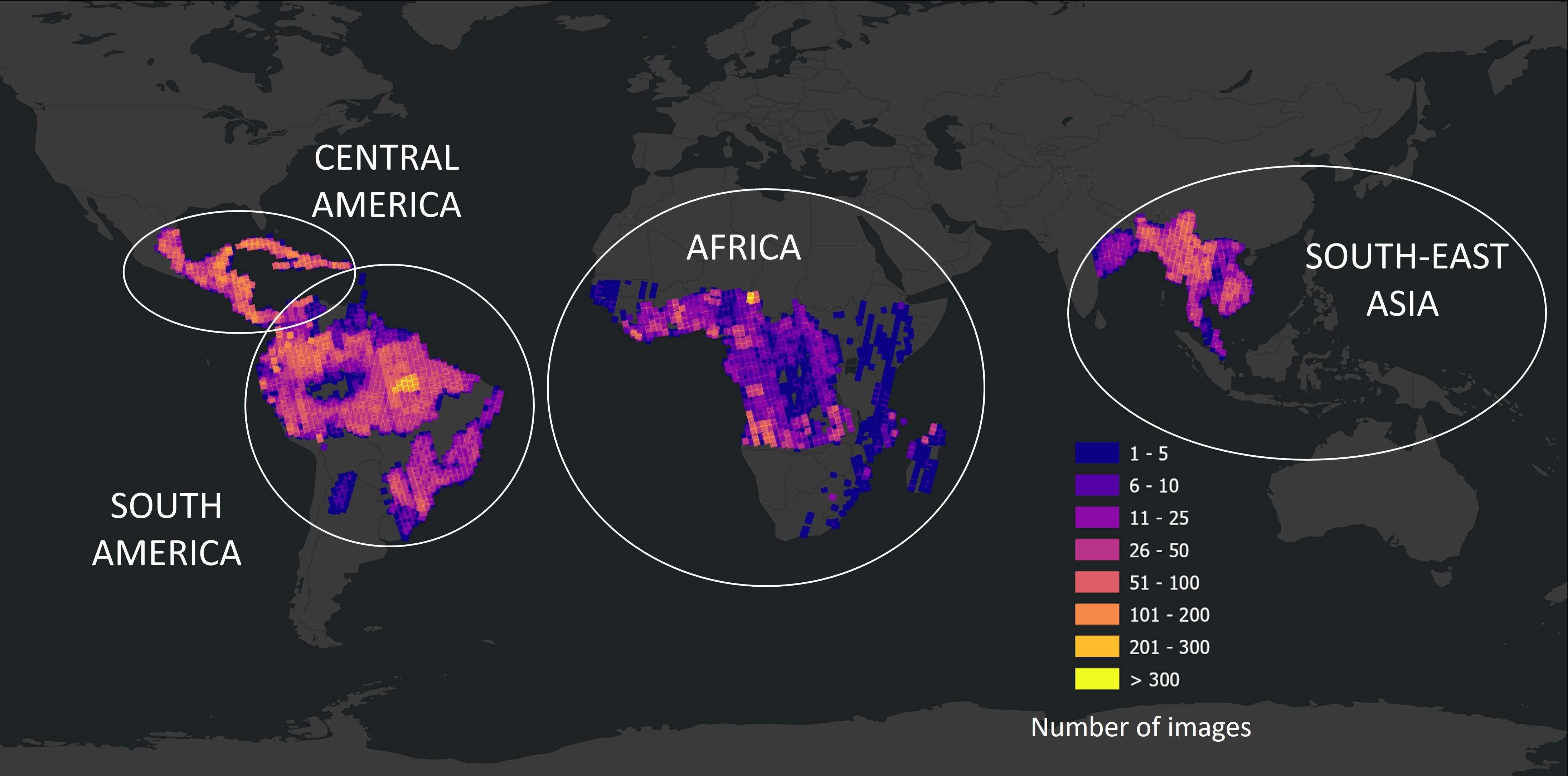 Map of the world showing the number of datasets acquired in tropical regions.