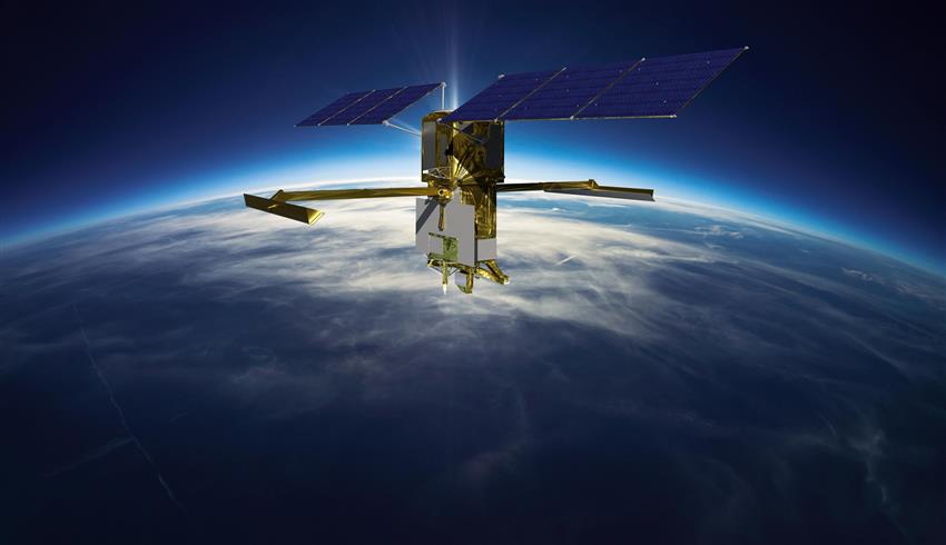 Artist's rendering of the SWOT satellite with solar arrays fully deployed