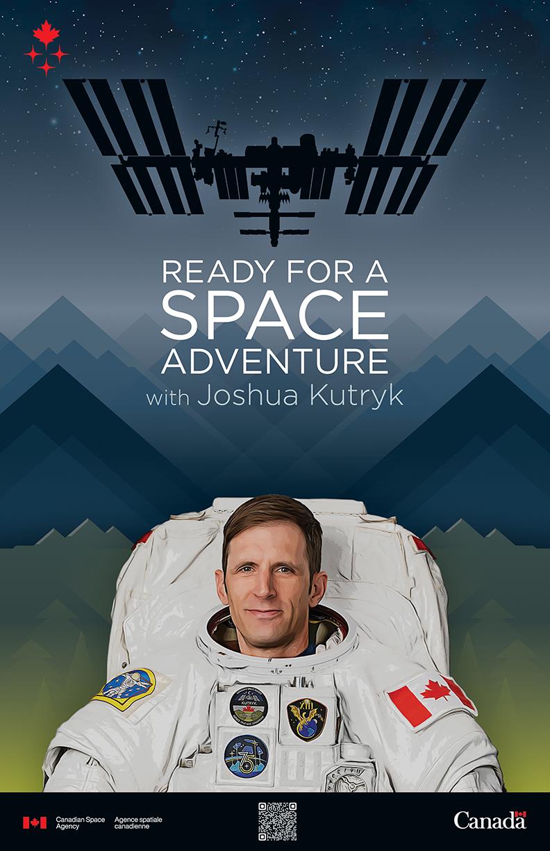 Poster featuring a stary sky, stylized mountains and a silhouette of the Space Station, as well as Joshua Kutryk.