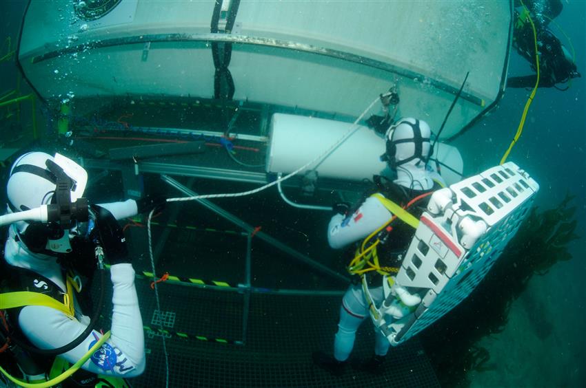 Josh and Marcos underwater, holding on to a structure.
