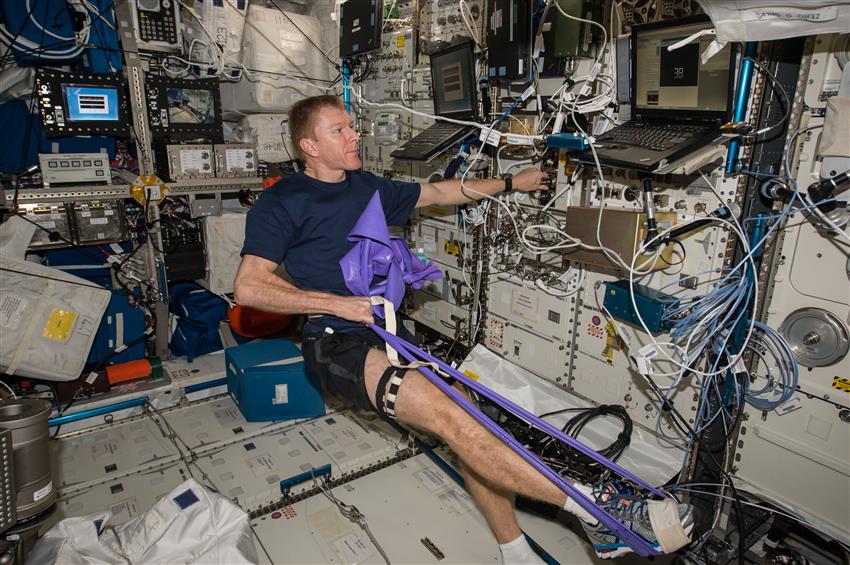 L'astronaute Tim Peake de l'Agence spatiale européenne (ESA) fait une échographie de sa jambe à bord de SSI