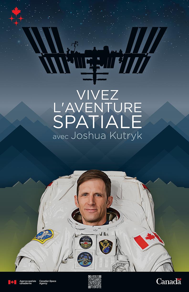 Affiche présentant une image stylisée de ciel étoilé avec la silhouette de la Station spatiale ainsi que Joshua Kutryk.