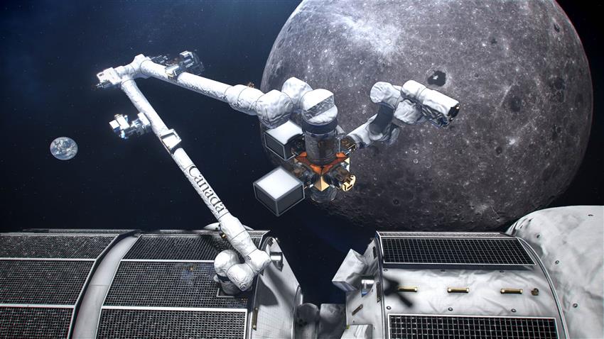 Vue d'artiste du concept du Canadarm3, le système robotisé intelligent canadien qui se trouvera au « Gateway » lunaire