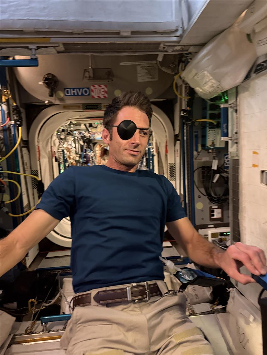 Joshua wears an eye patch for an experiment.