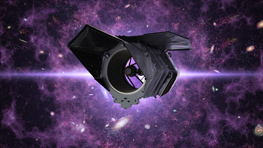 A space telescope with a circular aperture and angular design in a cosmic background filled with galaxies and nebulae.
