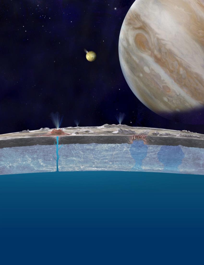 Artist's illustration of one of the possible scenarios imagined by scientists for getting water to Europa's surface