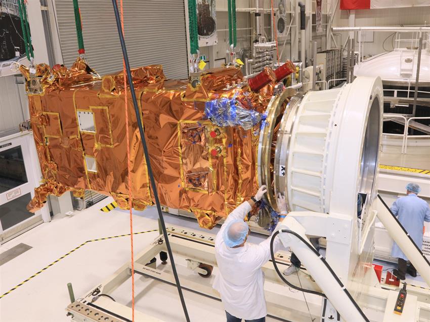 The third RCM spacecraft is about to be inserted in a thermal vacuum chamber for testing
