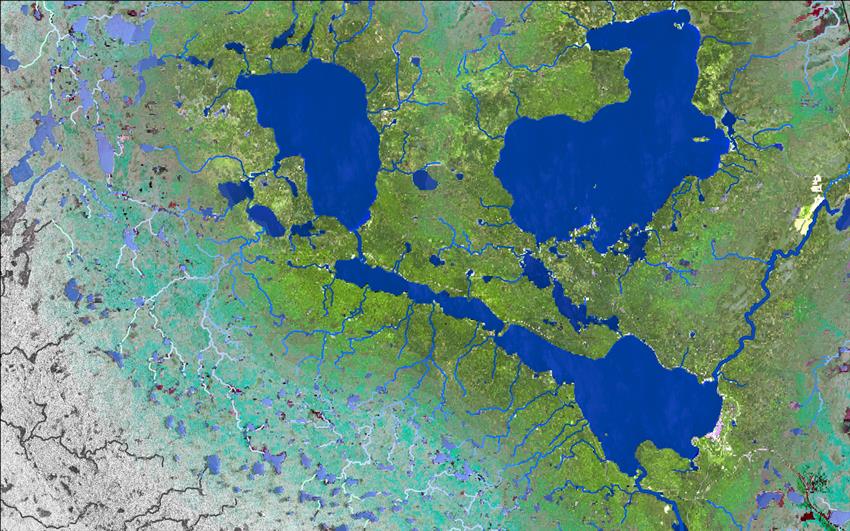 Combinations of satellite imagery were used to highlight the current and historical significance of water within Prince Albert National Park
