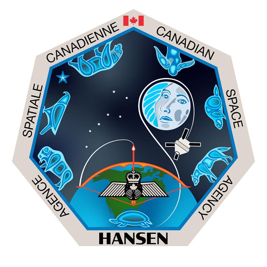 Un heptagone avec un insigne d'astronaute et divers symboles d'animaux. Le nom Hansen est écrit au bas en majuscules.