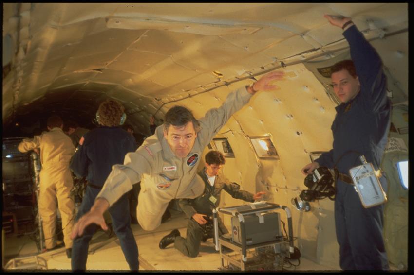 Astronaut Marc Garneau during a parabolic flight