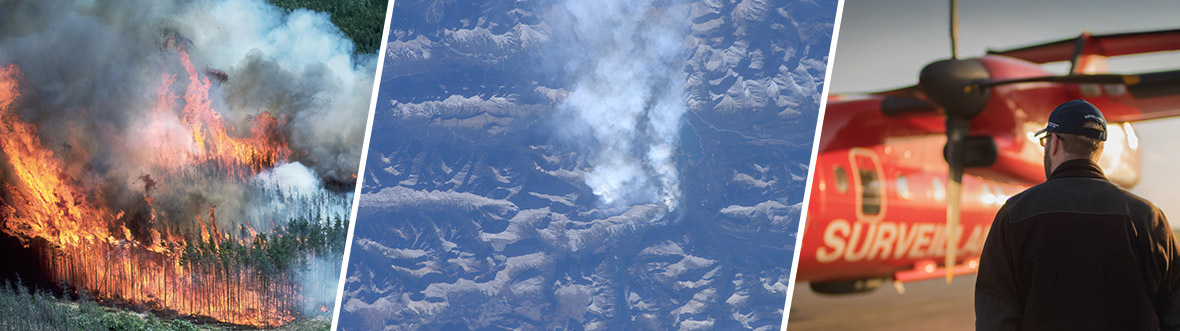 Photo d'un feu de forêt, vue d'artiste d'un satellite en orbite et photo d'un avion de surveillance.