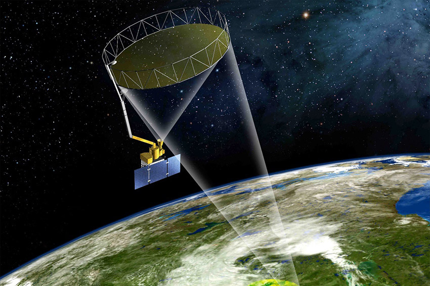 Représentation d'artiste de SMAP collectant des données depuis son orbite.