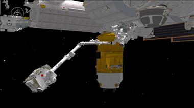 Vignette de la vidéo : 'Animation numérique du Canadarm2 qui attrape et décharge le vaisseau-cargo HTV'